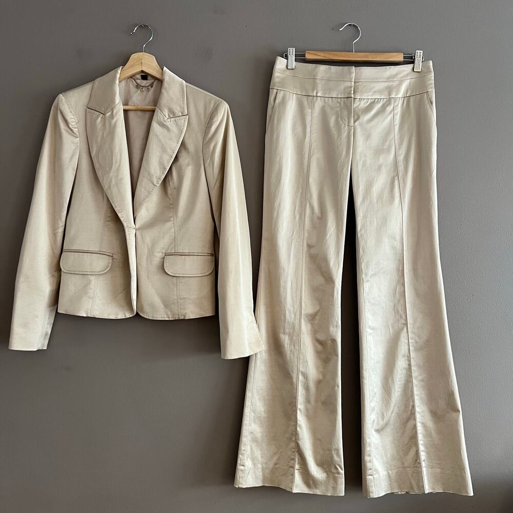 Vintage Y2K Bebe Champagne Satin Pantsuit Cropped Blazer Flare Pants 6/8 Glam